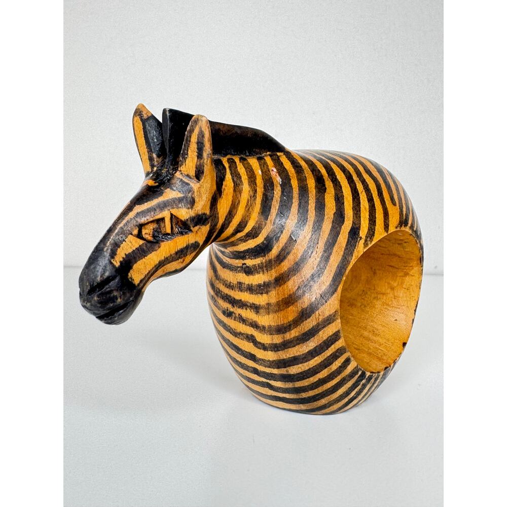 Vintage Hand Carved Wood Zebra Napkin Rings Set of 4 African Safari Decor
